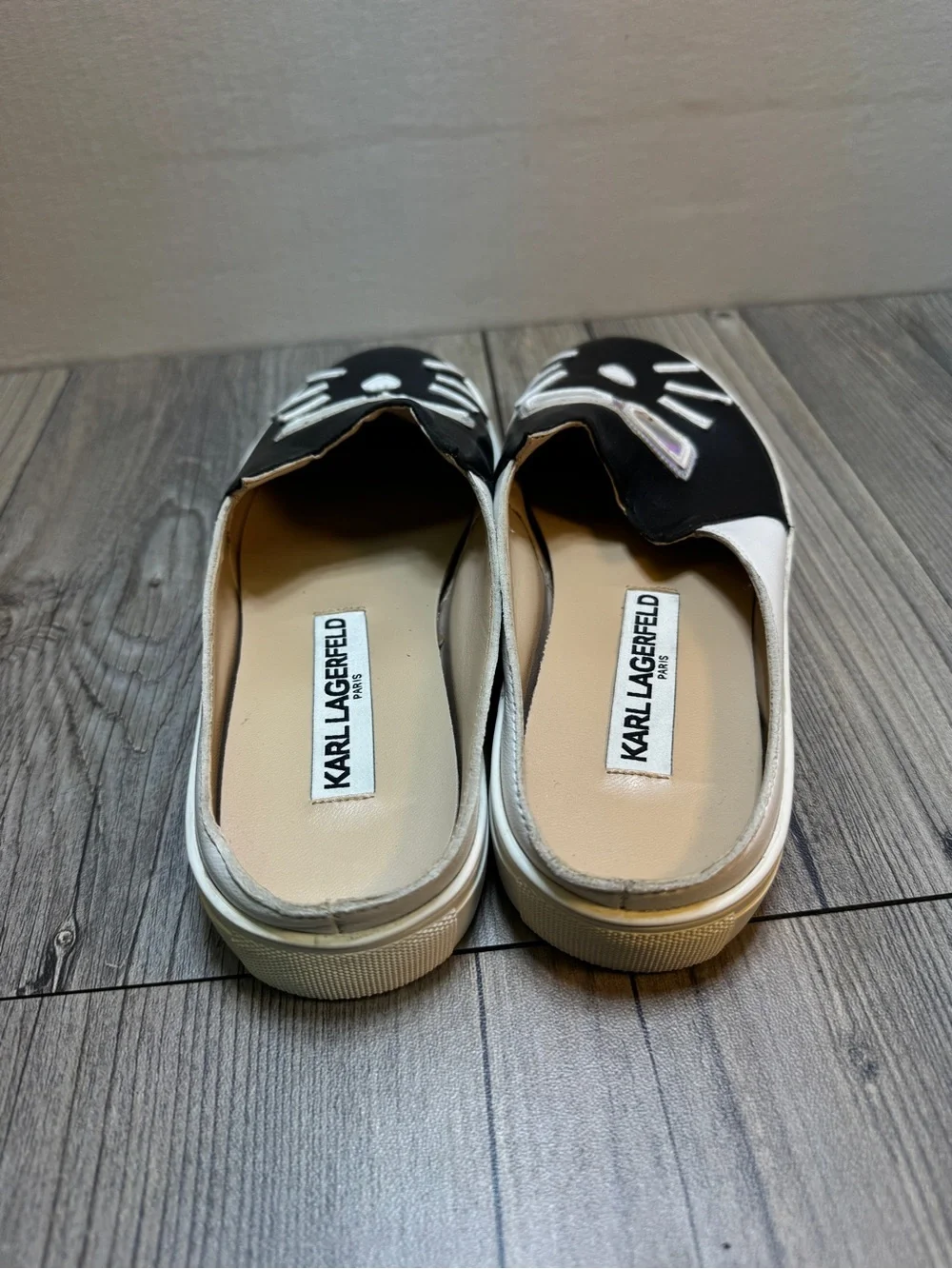 Karl Lagerfeld Paris Black white Leather Cat Mule Slides Shoes Women’s Size 5M